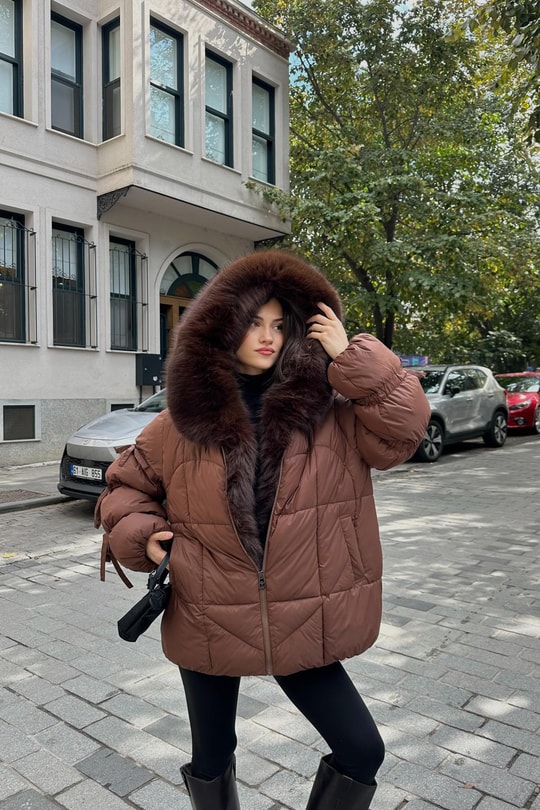 Yakası Kürklü Premium Mont Kahve