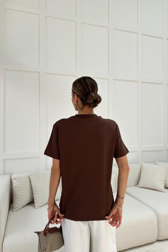 Dekoratif Dikişli Bisiklet Yaka Tshirt Kahverengi