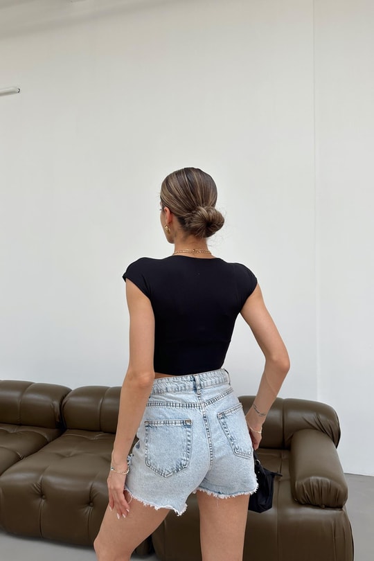 Kısa Kol Crop Top Siyah