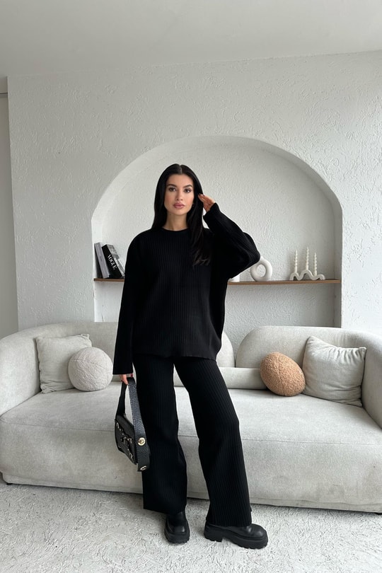 Oversize Fitilli Triko Takım Siyah