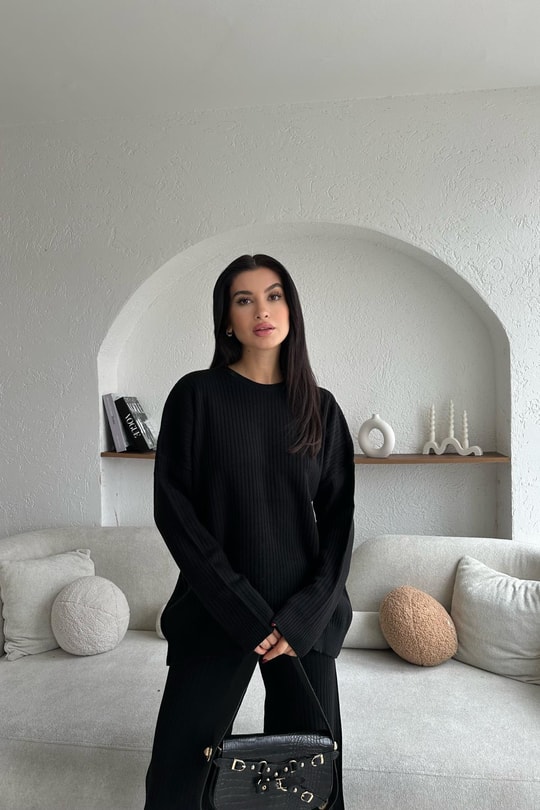 Oversize Fitilli Triko Takım Siyah