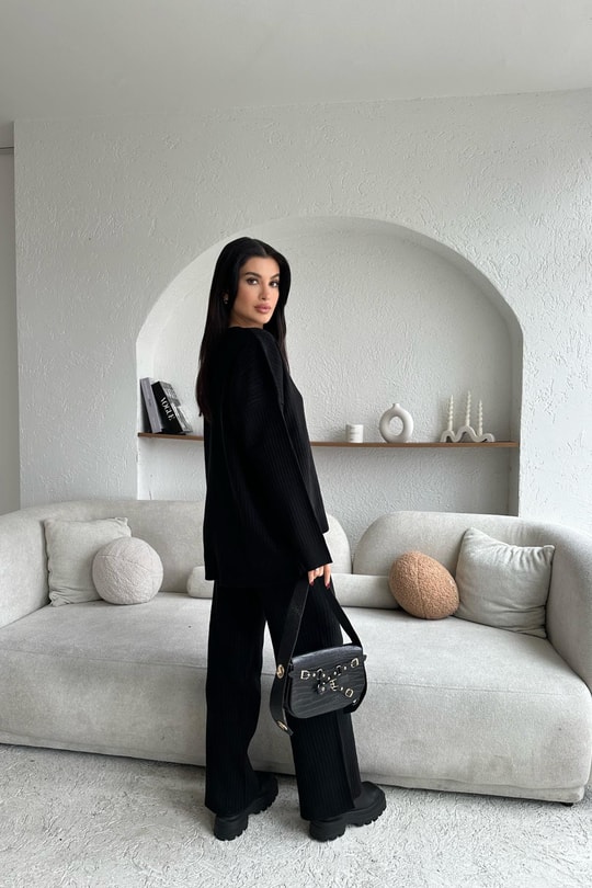 Oversize Fitilli Triko Takım Siyah