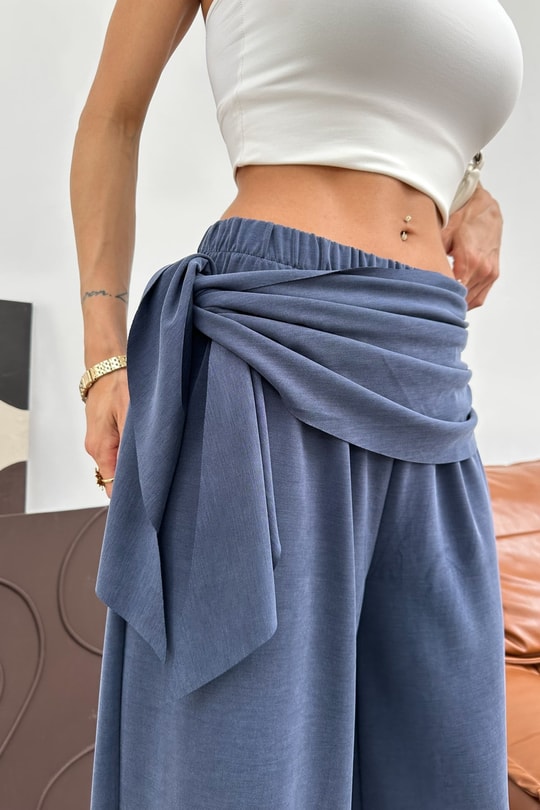 Fularlı Tensel Pantolon Lacivert Pantolon
