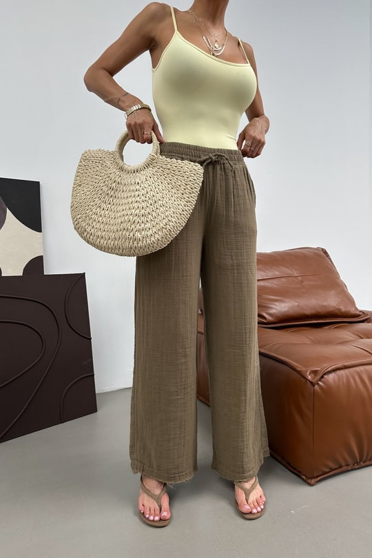 Palazzo Müslin Pantolon Haki Pantolon