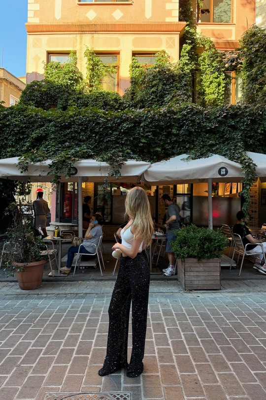 Pullu Pallazo Pantolon Siyah Pantolon