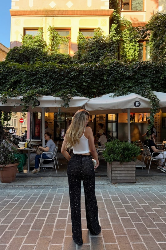Pullu Pallazo Pantolon Siyah Pantolon