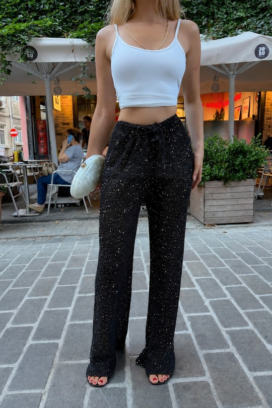 Pullu Pallazo Pantolon Siyah Pantolon
