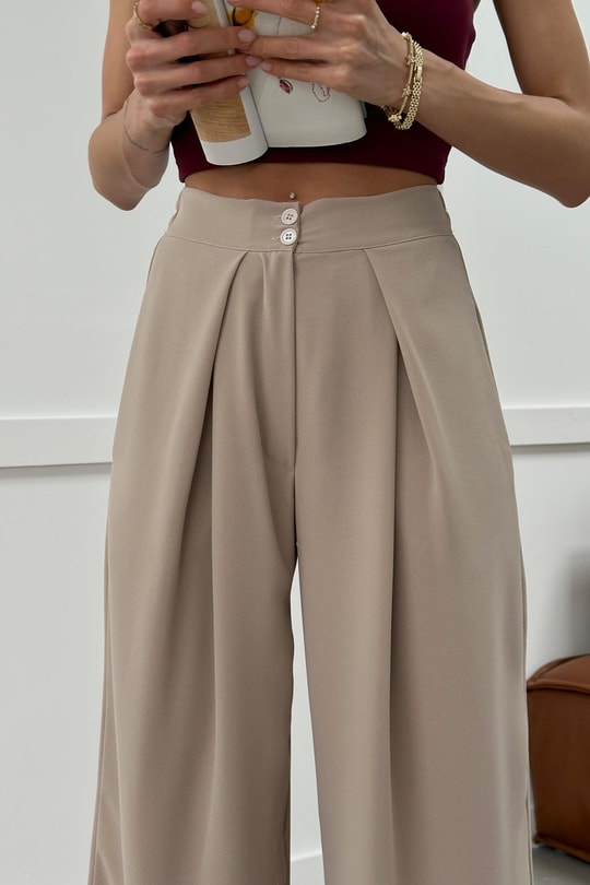 Arka Bel Lastik Geniş Paça Crep Pantolon Bej