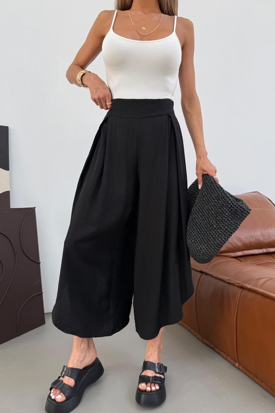 Asimetrik Bol Paça Pantolon Siyah