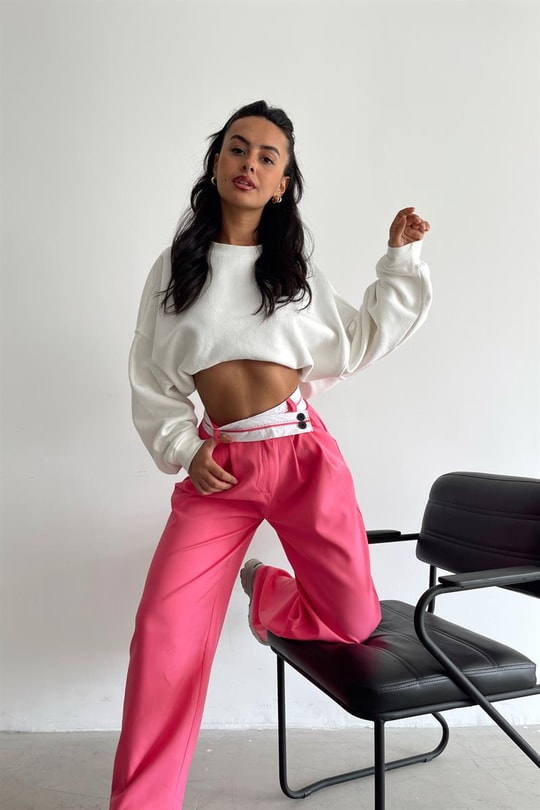 Asimetrik Ters Kemerli Pantolon Pembe