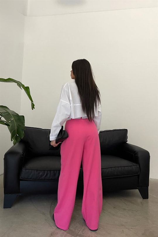 Asimetrik Ters Kemerli Pantolon Pembe