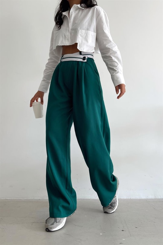Asimetrik Ters Kemerli Pantolon Yeşil