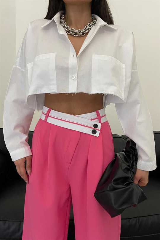 Asimetrik Ters Kemerli Pantolon Pembe