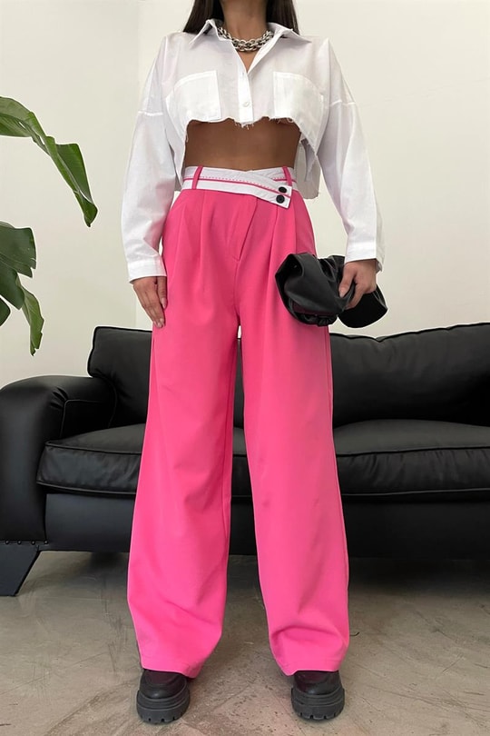 Asimetrik Ters Kemerli Pantolon Pembe