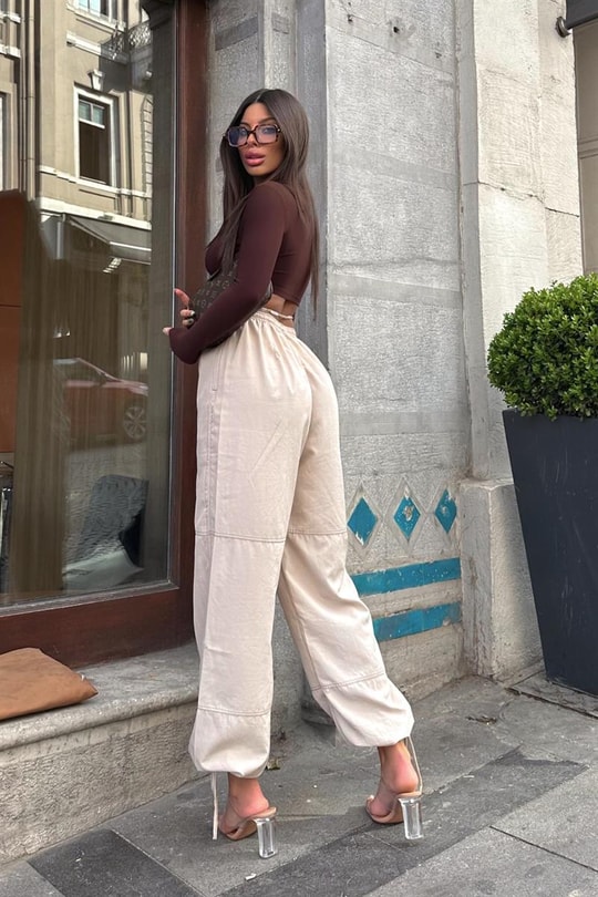 Bağcıklı Dikiş Detay Kargo Pantolon Taş