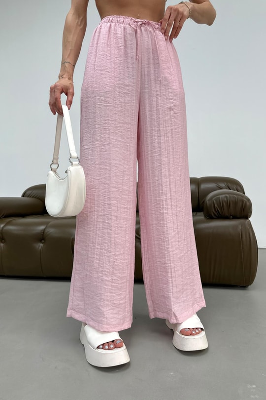 Bağcıklı Dokulu Pantolon Pembe