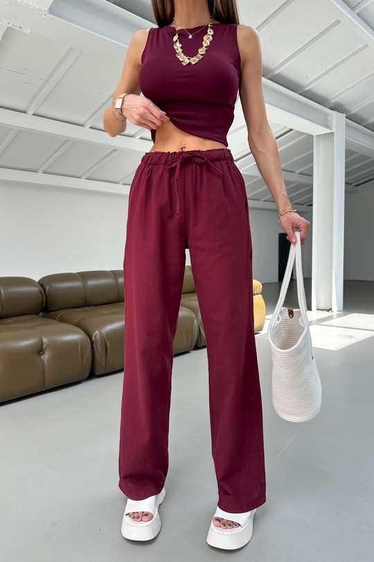 Bağcıklı Ham Keten Pantolon Bordo