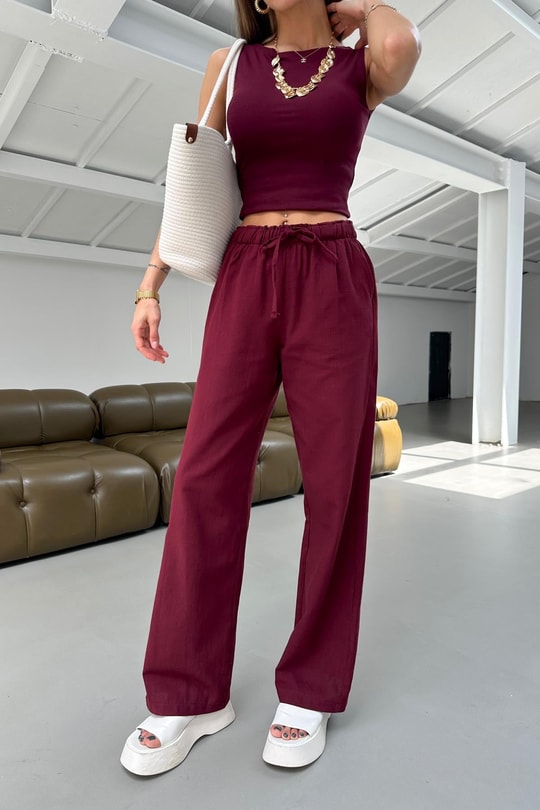 Bağcıklı Ham Keten Pantolon Bordo