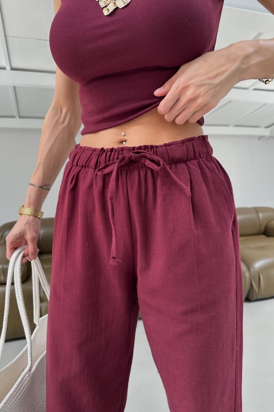 Bağcıklı Ham Keten Pantolon Bordo