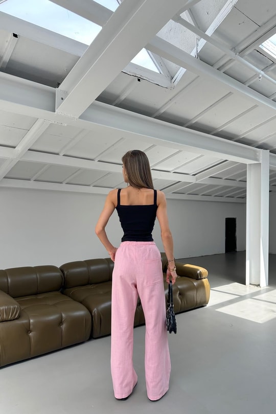 Bağcıklı Ham Keten Pantolon Pembe
