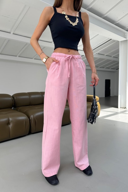 Bağcıklı Ham Keten Pantolon Pembe