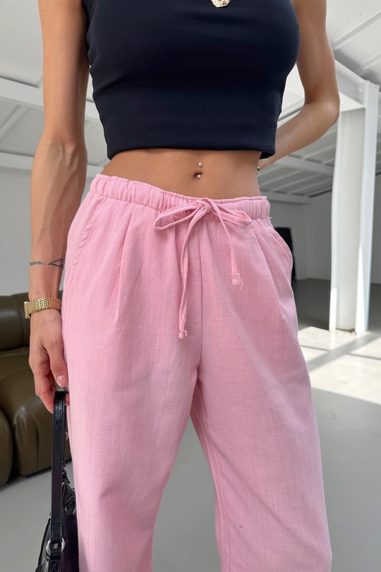 Bağcıklı Ham Keten Pantolon Pembe