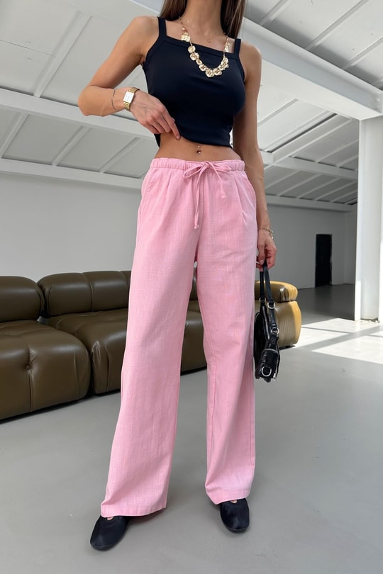 Bağcıklı Ham Keten Pantolon Pembe