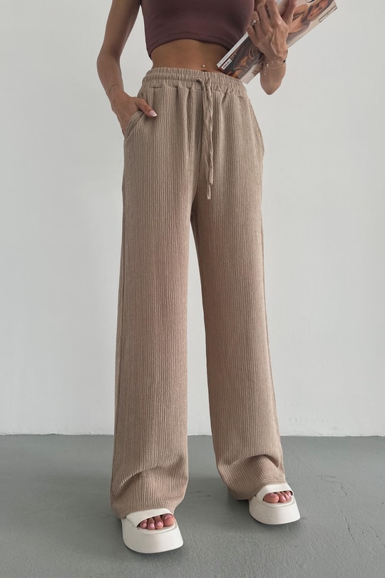 Bağcıklı Krinkıl Pantolon Vizon