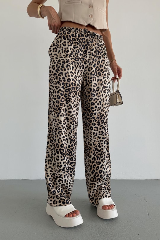 Bağcıklı Leopar Pantolon Kahve