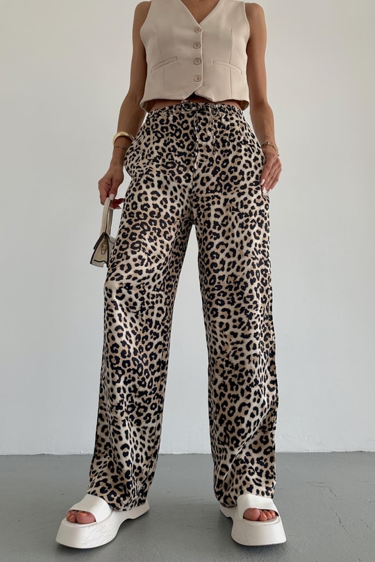 Bağcıklı Leopar Pantolon Kahve