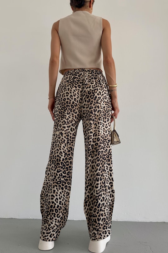 Bağcıklı Leopar Pantolon Kahve