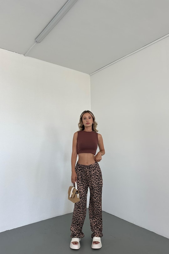 Bağcıklı Leopar Pantolon Koyu Bej