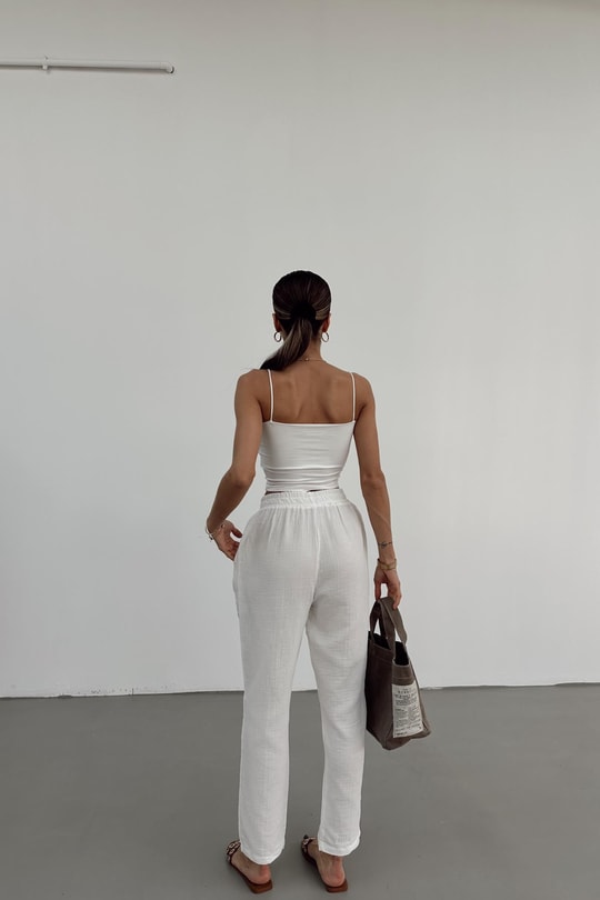 Bağcıklı Müslin Pantolon Beyaz