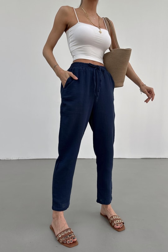Bağcıklı Müslin Pantolon Lacivert