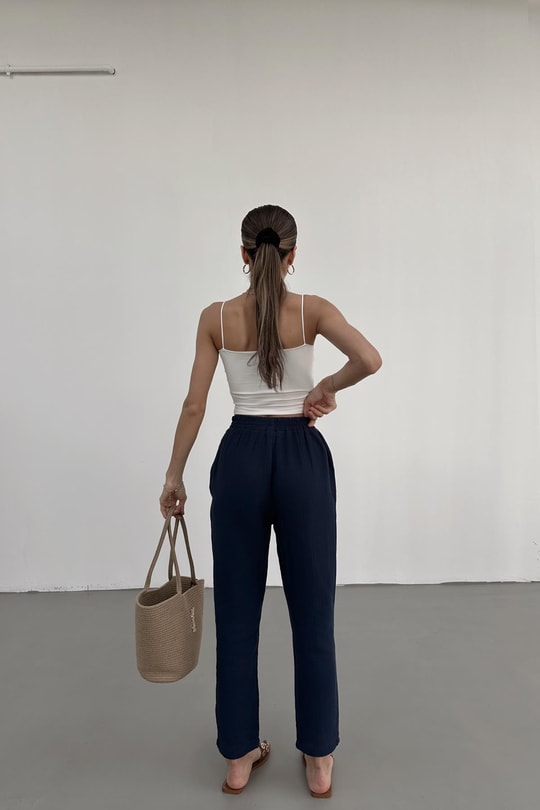 Bağcıklı Müslin Pantolon Lacivert