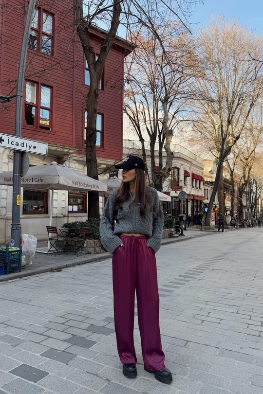 Bağcıklı Saten Pantolon Bordo