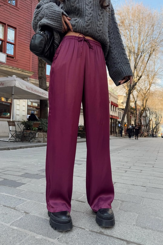 Bağcıklı Saten Pantolon Bordo
