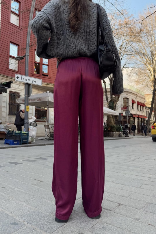 Bağcıklı Saten Pantolon Bordo