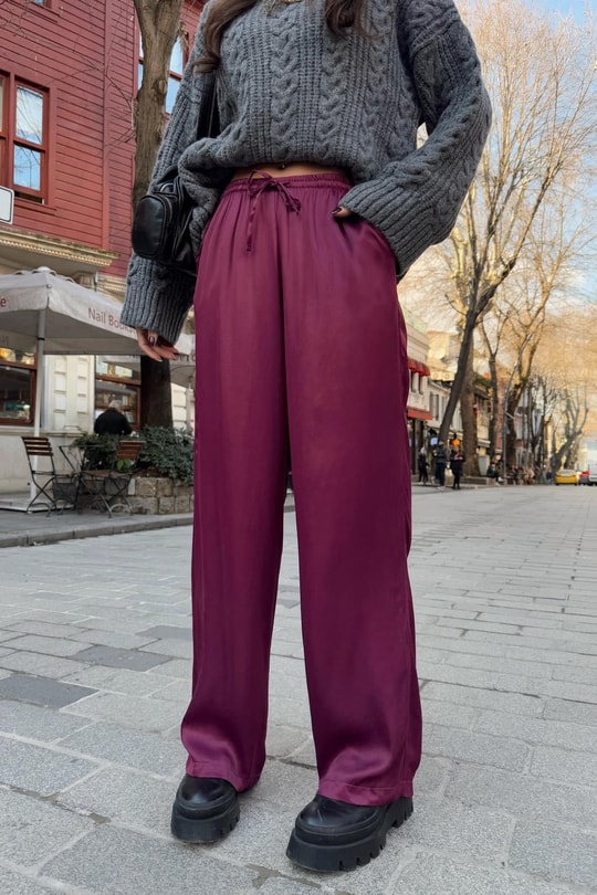 Bağcıklı Saten Pantolon Bordo