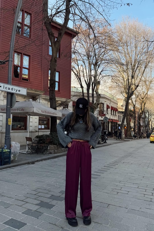 Bağcıklı Saten Pantolon Bordo