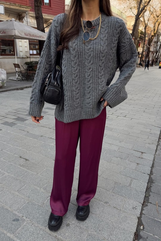 Bağcıklı Saten Pantolon Bordo