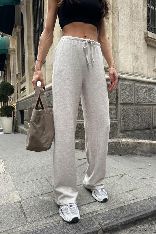 Bağcıklı Triko Pantolon Bej Melanj