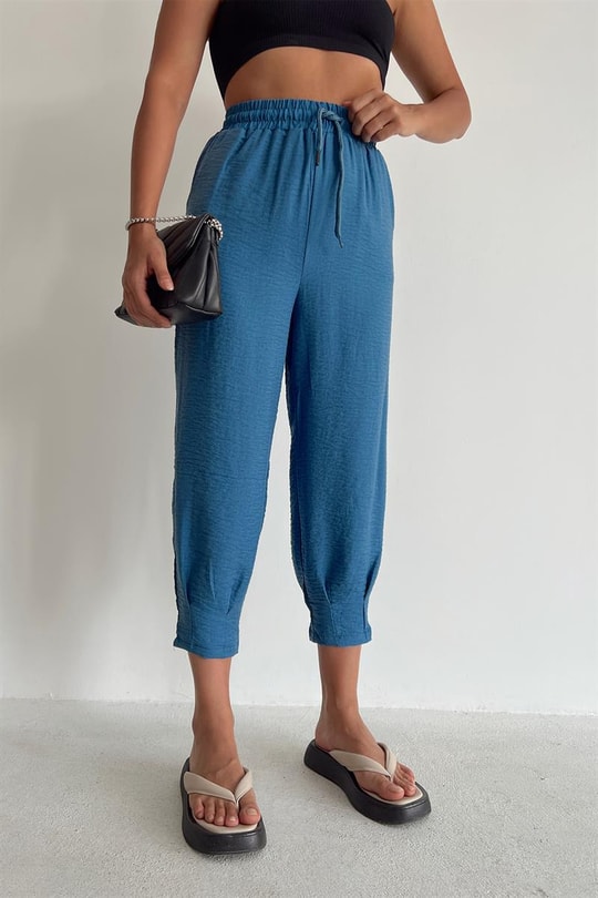 Bel Bağcıklı Keten Baggy Pantolon İndigo