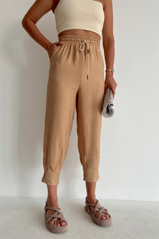 Bel Bağcıklı Keten Baggy Pantolon Camel