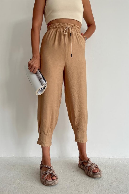 Bel Bağcıklı Keten Baggy Pantolon Camel