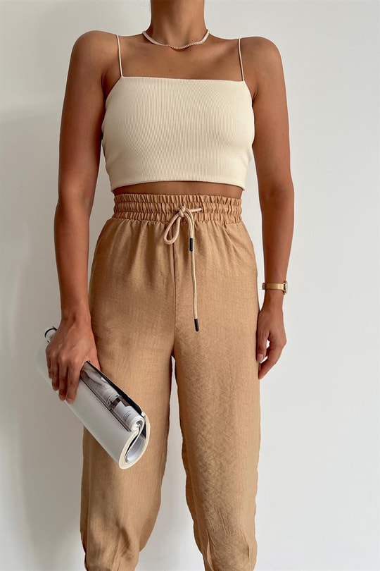 Bel Bağcıklı Keten Baggy Pantolon Camel