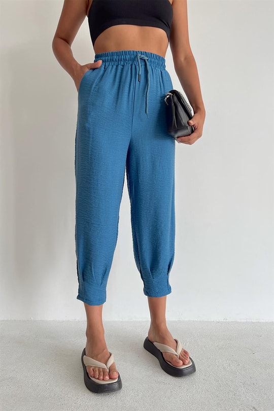 Bel Bağcıklı Keten Baggy Pantolon İndigo