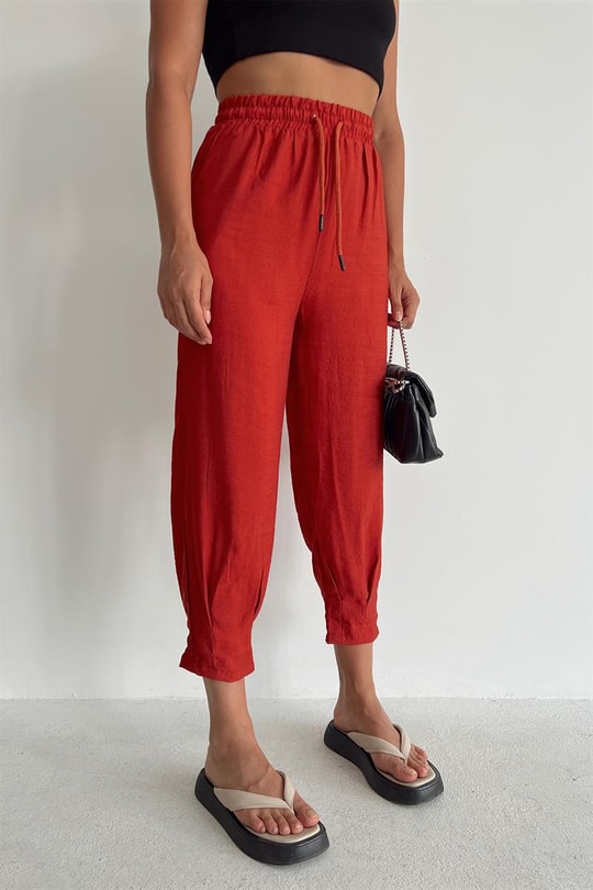 Bel Bağcıklı Keten Baggy Pantolon Kiremit