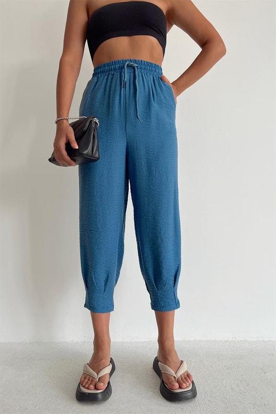 Bel Bağcıklı Keten Baggy Pantolon İndigo