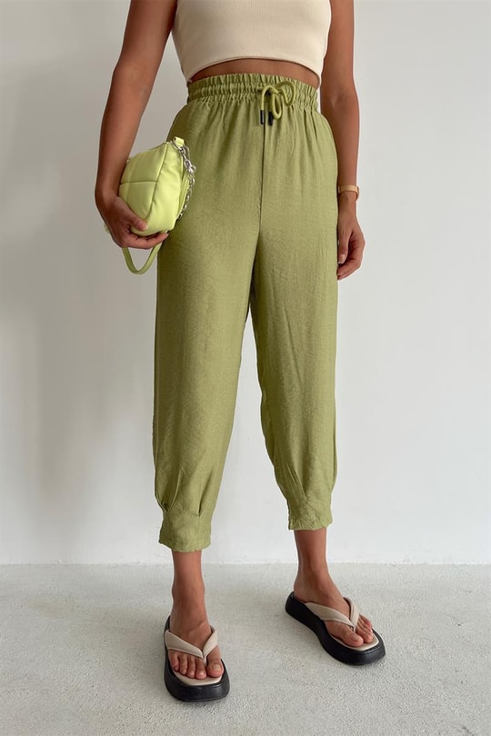 Bel Bağcıklı Keten Baggy Pantolon Fıstık Yeşili